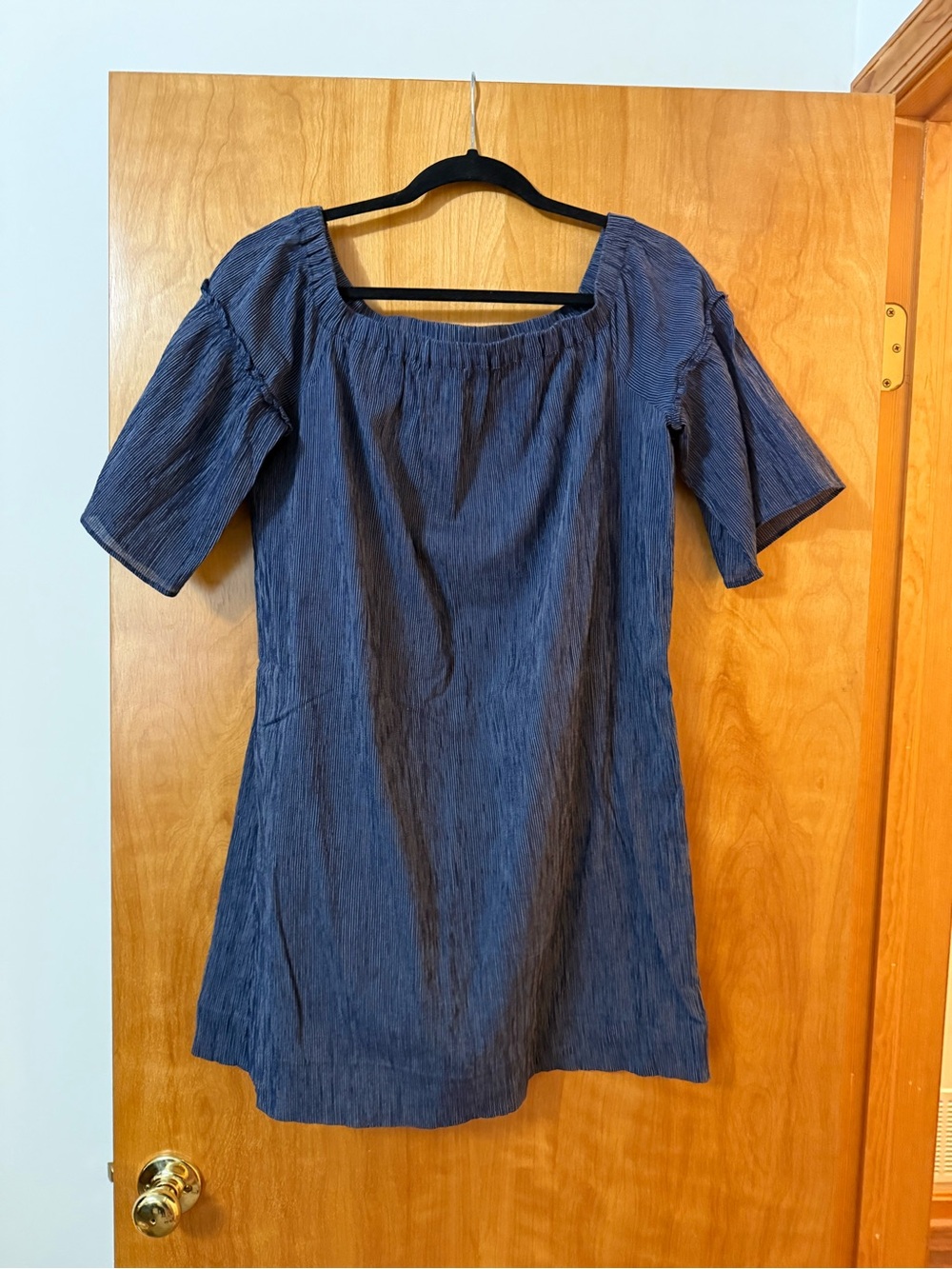 Madewell Dress Women’s Off The Shoulder Striped Bell Sleeve Lines Blue Cotton 8